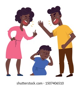 Family conflict scene, vector flat illustration isolated on white background. Unhappy married couples quarreling, parents shouting on their children 