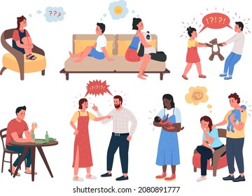 Family conflict semi flat color vector character set. Posing figures. Full body people on white. Relatives isolated modern cartoon style illustration for graphic design and animation collection