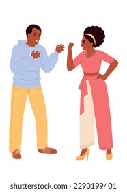 Family conflict vector illustration. Flat cartoon angry wife and husband quarrelling standing isolated on white background. Young married couple feeling aggressive emotions having relationship problem