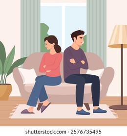 Family conflict. A young couple sits on opposite sides of the couch and don't want to talk to each other. Family quarrel and misunderstanding. Vector illustrtion