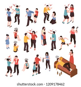 Family conflicts set with shouting and crying isometric isolated vector illustration
