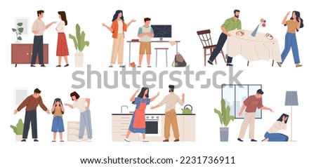 Family conflicts. Unhappy spouses and children, couples scandals, angry people quarrel and reproach, stressful situation, man and woman arguing, cartoon flat characters, nowaday vector set Stock photo © 