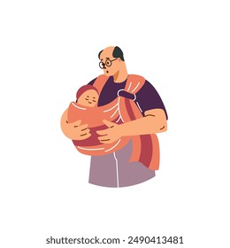 Family connections. Vector illustration of a man wearing glasses tenderly holding a baby in a sling. Ideal for parenting projects. Character on isolated background in flat style. Close-up.