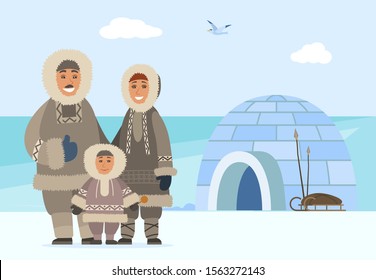 Family consisting of man and woman with child. Arctic people outdoors standing by igloo made of ice cubes. Cold climate of eskimos. Characters wearing winter warm clothes. Vector in flat style