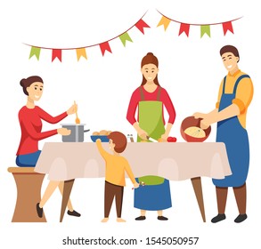 Family consisting of mother, father and children preparing dishes for Christmas holiday celebration. Isolated characters at home cooking meals for table. Kitchen decorated by flags flat style