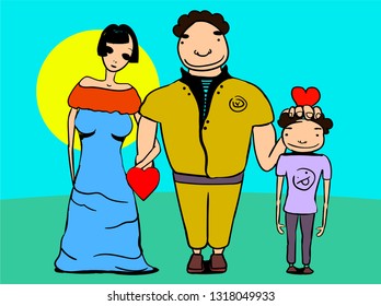 Family consisting of mother, father and son. There are still hearts.