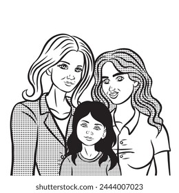 Family consisting of two mothers and a smart adopted daughter. Family portrait style illustration.