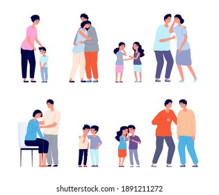 Family consoled. Cartoon supportive friend, grief or depression comforted. Husband support wife, mother hugging sad kid utter vector concept