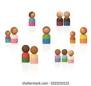 Family constellations. Therapeutic wooden toy figures representing relatives, friends and other important contacts. To be used as alternative therapeutic method to recognize and solve family problems.