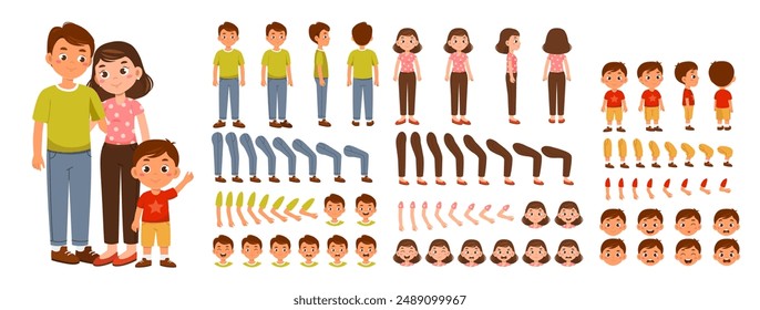 Family constructor set. Man and woman with their son wave hand. People in different poses and angle of views. Pack of legs, arms and heads to create animation. Flat vector collection