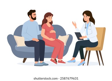 Family Consultation and check up during pregnancy.Pregnant woman and her husband visit gynecologist in the medical office. Female doctor talks with couple expecting a baby. Vector illustration