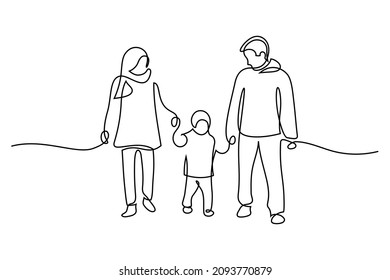 Family in continuous line art drawing style  Front view parents and one child holding hands   walking together black linear sketch isolated white background  Vector illustration