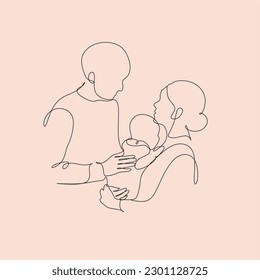 Family continuous single drawn one line. Happy mother father and child line art. Happy mom holds her infant. Cute simple vector illustration