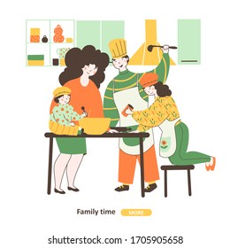 Family cook together, Flat cartoon vector illustration. Family house vector illustration.