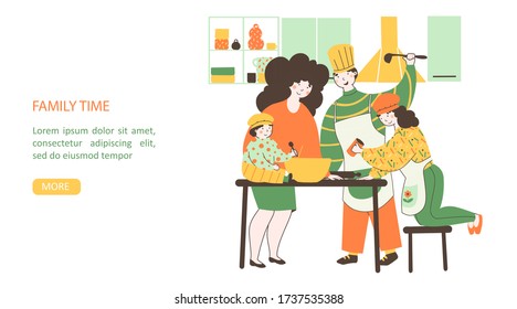Family cook together, flat vector landing page template. Family house vector illustration.