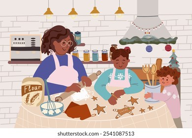 Family cooking bakery, baking ginger cookies for Christmas at home kitchen. People making gingerbread together for Xmas winter holiday. Hand drawn vector illustration 