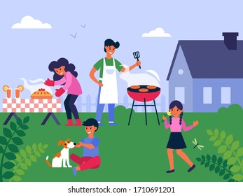 Family Cooking Barbecue At Backyard Flat Vector Illustration. Garden BBQ Party. Mother, Father And Happy Children With Dog. Outdoor Leisure And Modern Picnic Time Concept