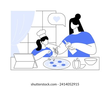 Family cooking classes isolated cartoon vector illustrations. Mom and daughter cooking and watching online food course together, children nutrition, parent and kid hobby vector cartoon.