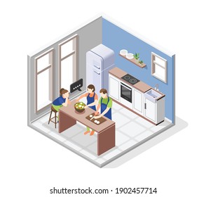 Family cooking concept with cooking meal symbols isometric vector illustration