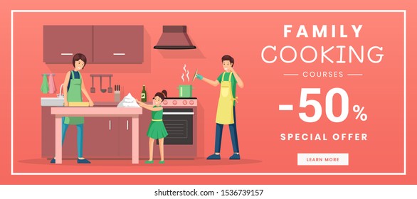 Family cooking courses web banner template. Culinary training classes for parents with children internet promo poster. Special offer, 50 percent discount advertisement with flat illustration