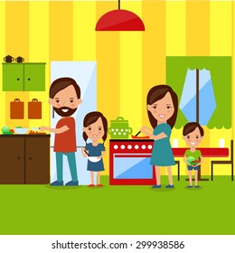 Family cooking dinner flat style illustration. Family in the kitchen  illustration.Family illustration flat style. Family, kitchen, dinner, cook