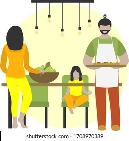 family is cooking dinner - salad and pizza - on modern kitchen. Mom, dad and daughter make tasty dish together. Concept home food and 
family time. Illustration in flat style. 