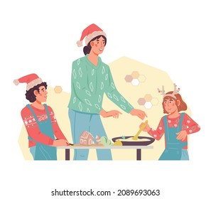 Family cooking festive dinner flat vector illustration isolated on white background. Mother and kids cooking together for Christmas and New Year holiday.