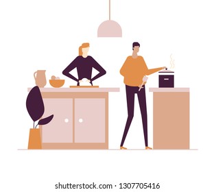 Family cooking - flat design style colorful illustration on white background. Characters, wife and husband preparing dinner in the kitchen. Woman kneading dough, man stirring something in the saucepan