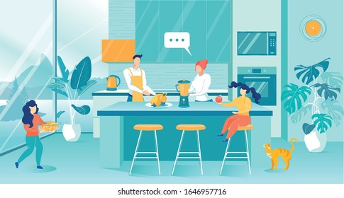 Family Cooking Food at Home in Kitchen Interior Flat Cartoon Vector Illustration. Mother and Father Preparing Chicken and Mixing Vegetables. Daughters Helping Parents, Bringing Fruits.