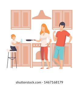 Family Cooking Food In The Kitchen Together, Parents and Their Son in Everyday Life at Home Vector Illustration