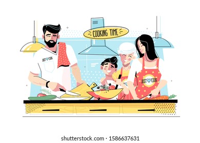 Family cooking food together vector illustration. Grandma, mom, daddy standing in kitchen and cutting vegetables for salad flat style design. Cook time concept