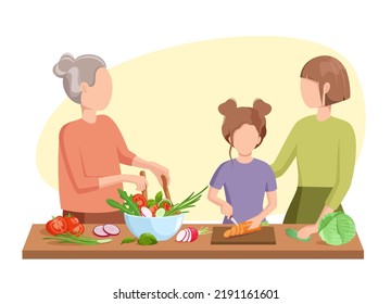 The family is cooking. Grandma, mom and daughter in the kitchen. Cartoon design
