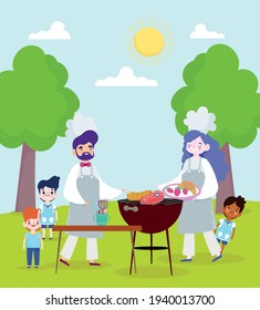 family cooking grilled food outdoors