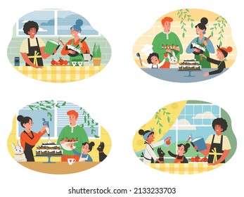 Family cooking groups of characters set, flat cartoon vector illustration isolated on white background. Parents and children preparing food at home kitchen.