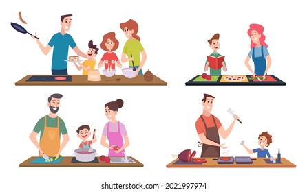 Cocina familiar. parejas felices y niños pasan tiempo en la cocina preparando comida sirviendo utensilios de lavado de mesa personajes exactos de sondeo vectorial