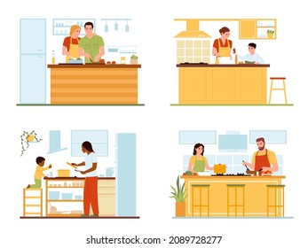 Family cooking. Happy couples, parents with children prepare lunch and dinner, people in home kitchen, little boys help moms with food preparation, vector cartoon