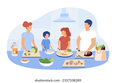 Family cooking healthy dinner together vector illustration. Vegan parents and children chopping vegetables, carrots, eggplant, broccoli, mushrooms. Plant-based eating, food concept