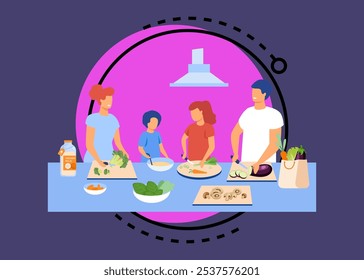 Familia cocinando una cena saludable juntos Ilustración vectorial. Padres veganos y niños cortando verduras, zanahorias, berenjenas, brócoli, champiñones. Alimentación basada en plantas, concepto de alimento