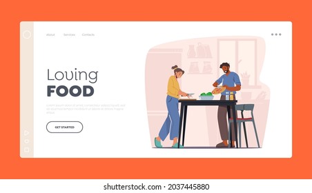 Family Cooking at Home Landing Page Template. Man and Woman Prepare Dinner with Fresh Products on Table. Young Couple Characters Cook Together. Every Day Routine. Cartoon People Vector Illustration