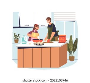 Family cooking at home preparing dough for apple pie on kitchen. Young mother and daughter making food indoors. Cartoon flat vector illustration