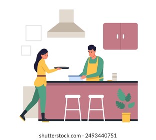 Family cooking home, preparing food. Young loving couple cooking together on kitchen. Every day routine, love and relations. Cartoon flat vector Illustration.