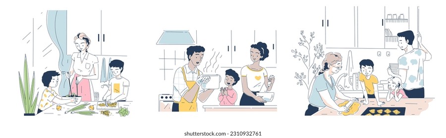 Family cooking at home set. Parents and children in doodle style spend time together. Grandparents and kids bake cookies and prepare dinner. Cartoon flat vector collection isolated on white background