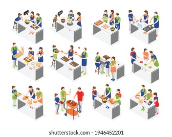 Family Cooking Icons Set With Culinary Process Symbols Isometric Isolated Vector Illustration