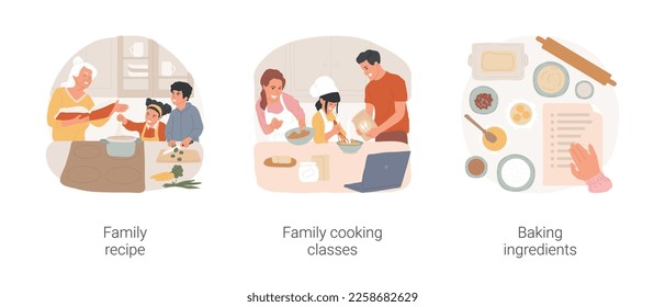 Family cooking isolated cartoon vector illustration set. Grandma recipe, family cooking tradition, watching lesson online, baking together, fresh ingredients, homemade pastry vector cartoon.