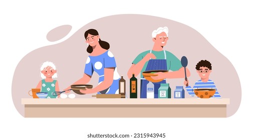 Family cooking at kitchen concept. Man and woman with children with food and plates. Healthy eating and homemade food. Routine and household chores, preparing lunch. Cartoon flat vector illustration