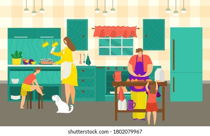 Family cooking in kitchen at home, vector illustration. People man woman character make flat food and meal for girl boy together. Happy daughter, son, kid and dad cook dinner at house table.