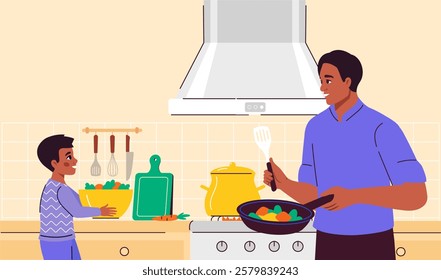 Family cooking in kitchen. Man and boy preparing fried vegetables. Cooking and hobbies. Household chores and routine. Proper diet and nutrition, healthy eating. Flat vector illustration