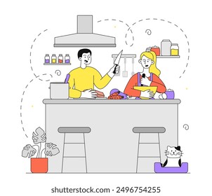 Family cooking at kitchen. Man and woman with meat and vegetables in kitchen. Cooking delicious homemade food. Proper diet and nutrition. Linear vector illustration isolated on white background