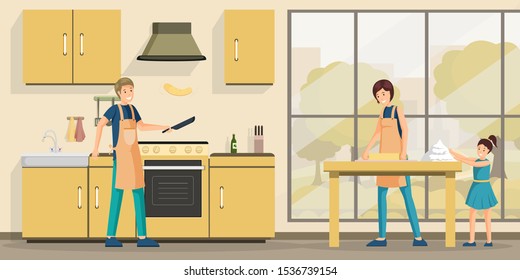 Family cooking lunch flat vector illustration. Happy parents and little child in kitchen cartoon characters. Father making delicious pancakes, mother and daughter kneading dough together