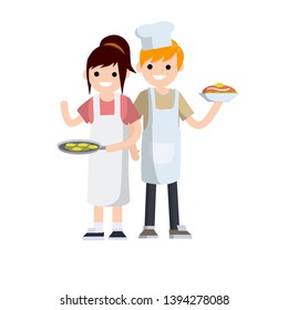 Family cooking. Man in a white hat holding a plate of delicious. A woman in an apron is a pan with pancakes. Waiter and chef in a cafe and restaurant. Element of the kitchen